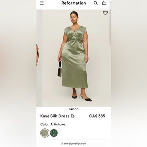 Reformation silk dress with cap sleeves. Size 8. Olive colour